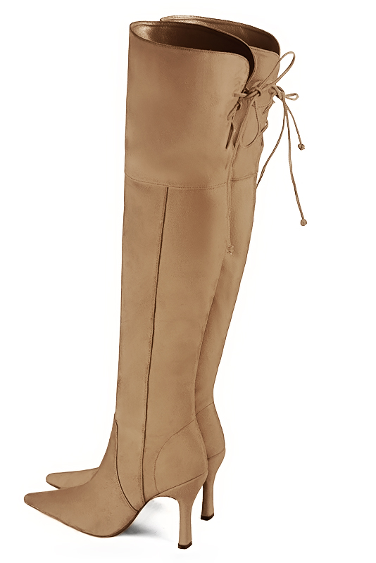 Tan beige women's leather thigh-high boots. Pointed toe. Very high spool heels. Made to measure. Rear view - Florence KOOIJMAN